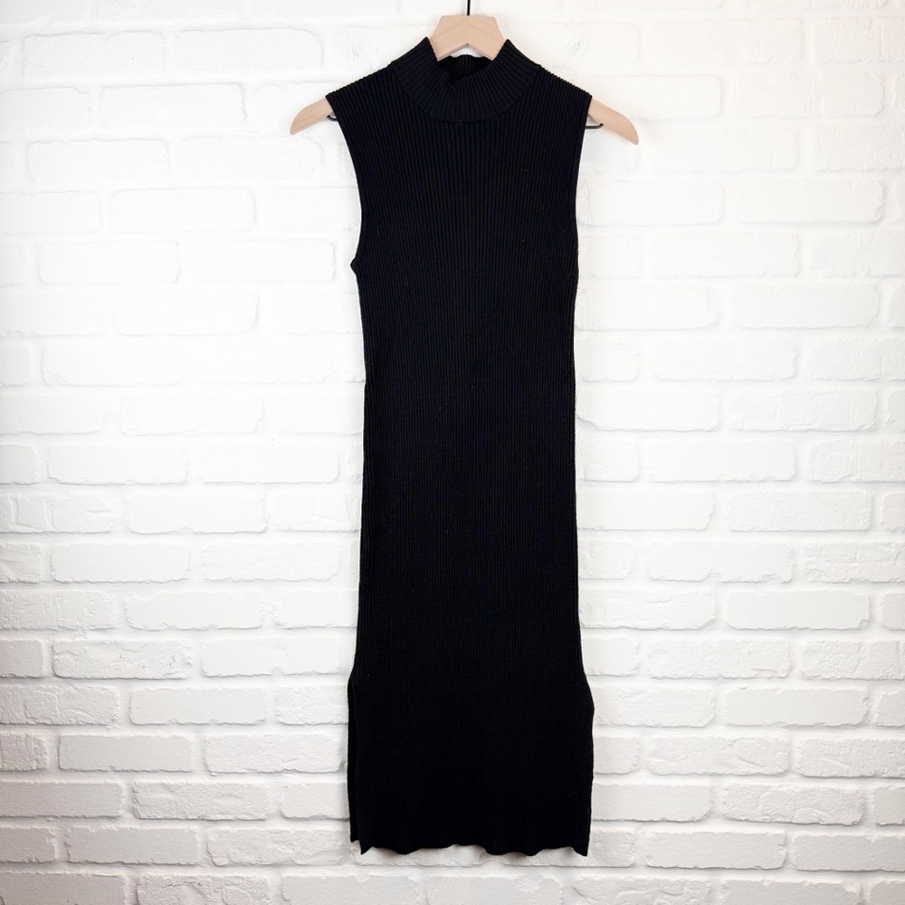 Magaschoni Black Mock Neck Ribbed Knit Tank Midi Sleeveless Dress Large
